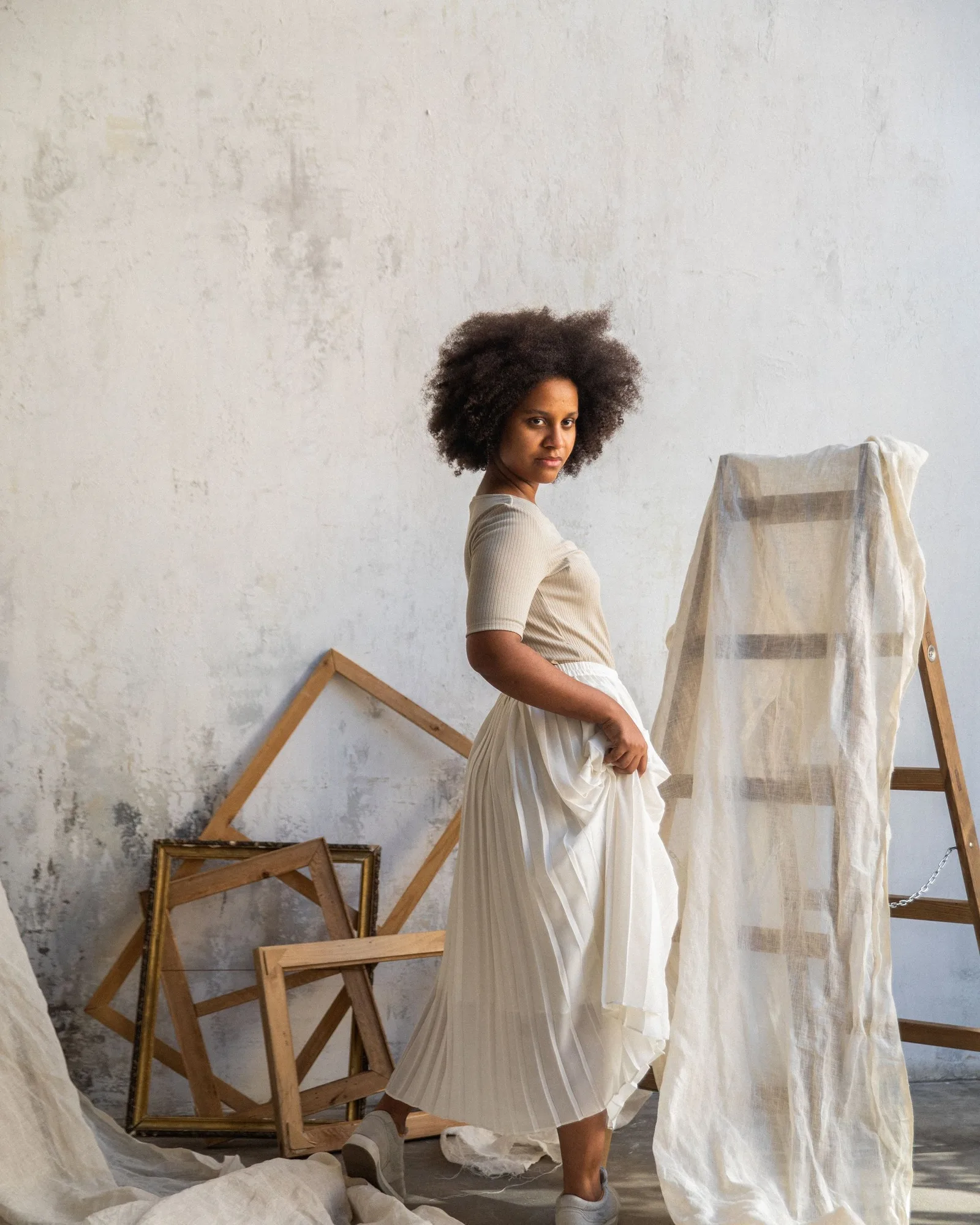 ivory pleated maxi skirt
