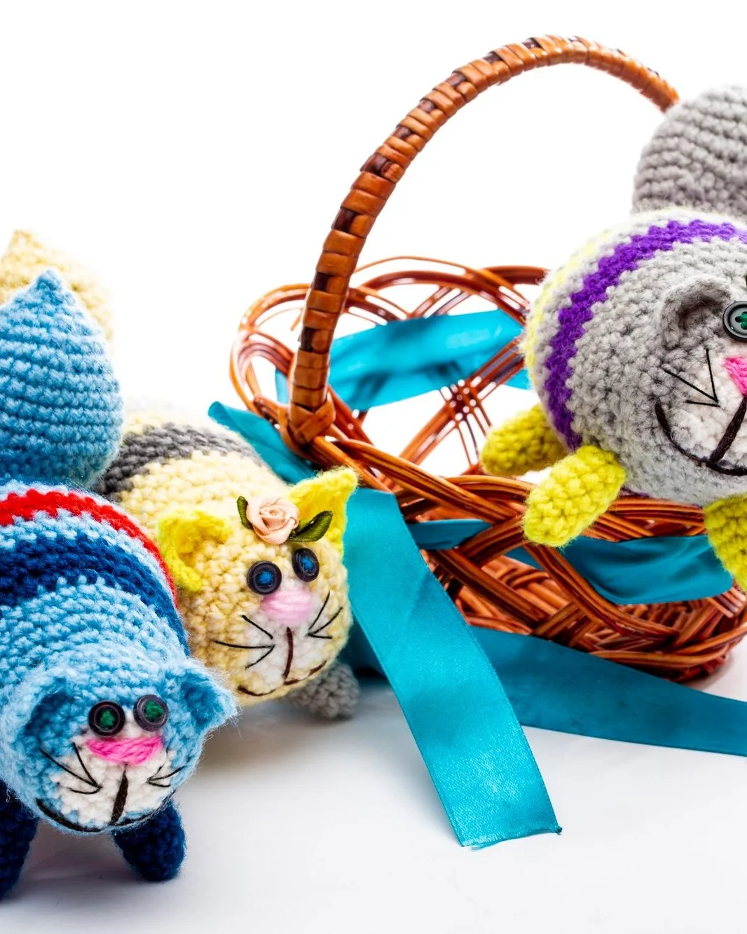 Crochet toys in a wicker basket