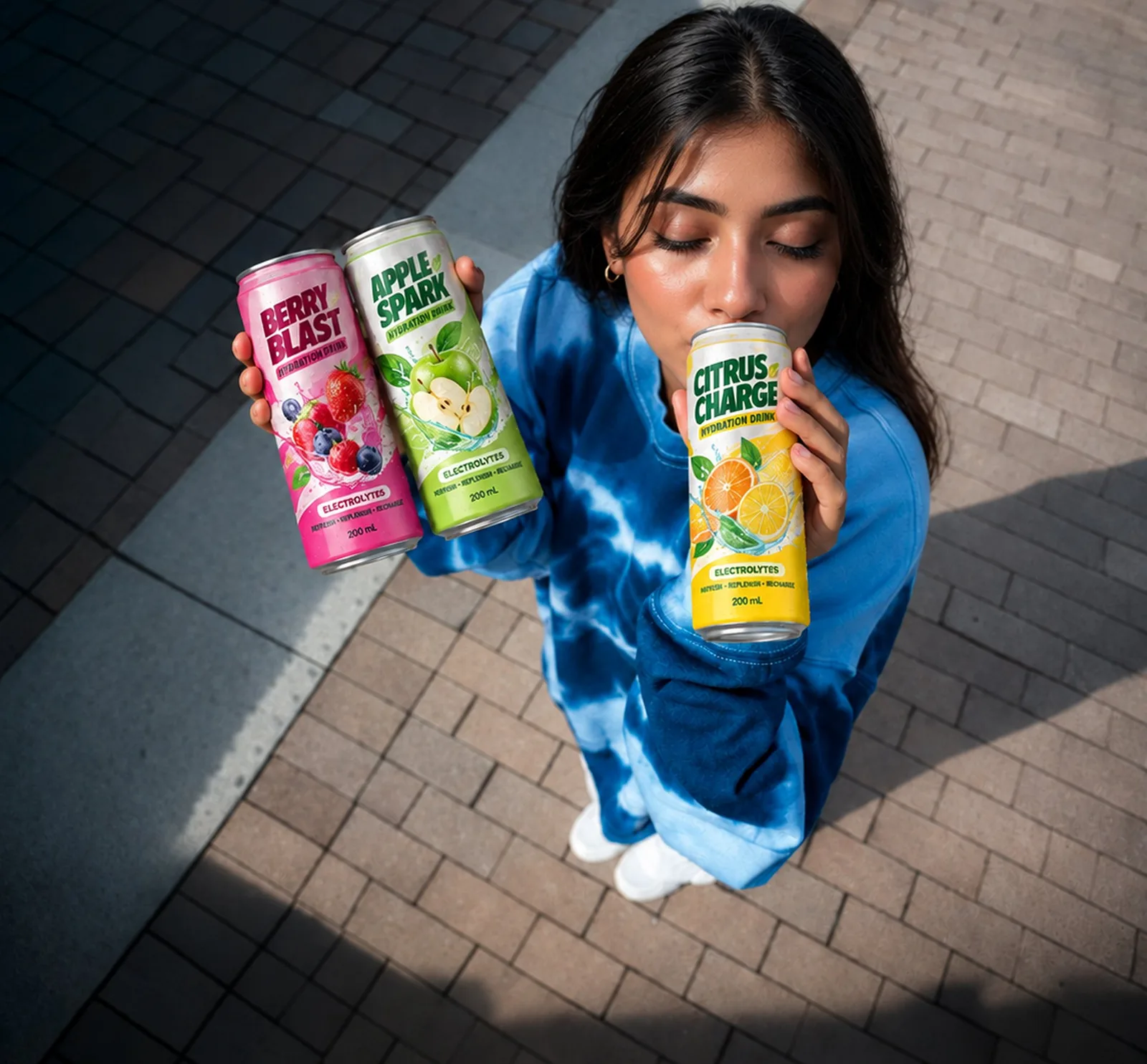 A woman holding two cans of energy drink