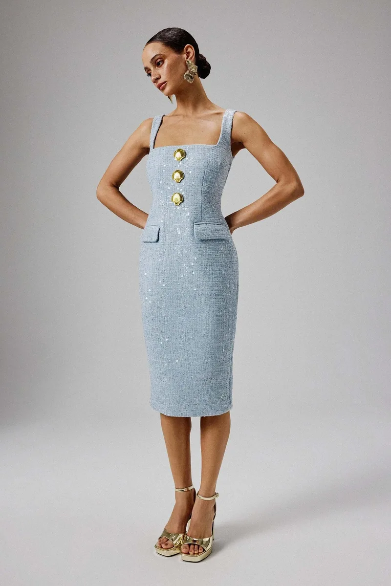 Square Neck Bouclé Midi Dress