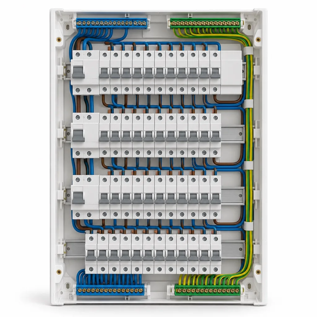 Pre-wired consumer unit, four rows, for a four-bedroom home