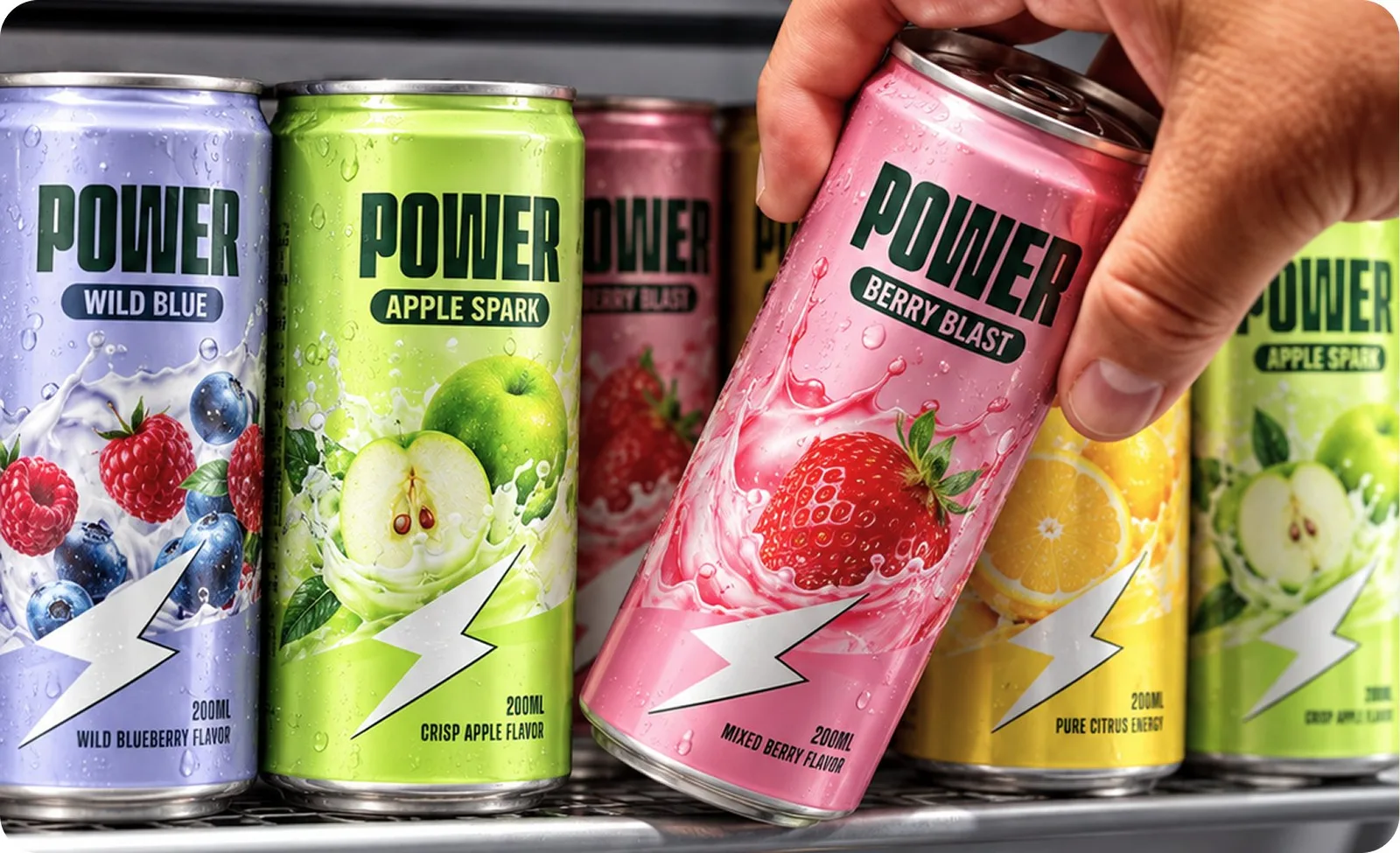 Cans of every flavour in a fridge