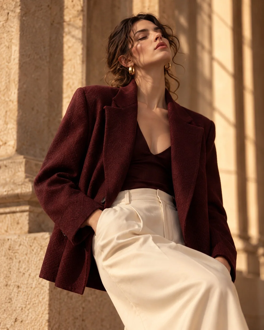 A wine double-breasted blazer