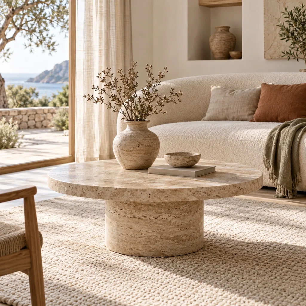 Calanque round coffee table in travertine