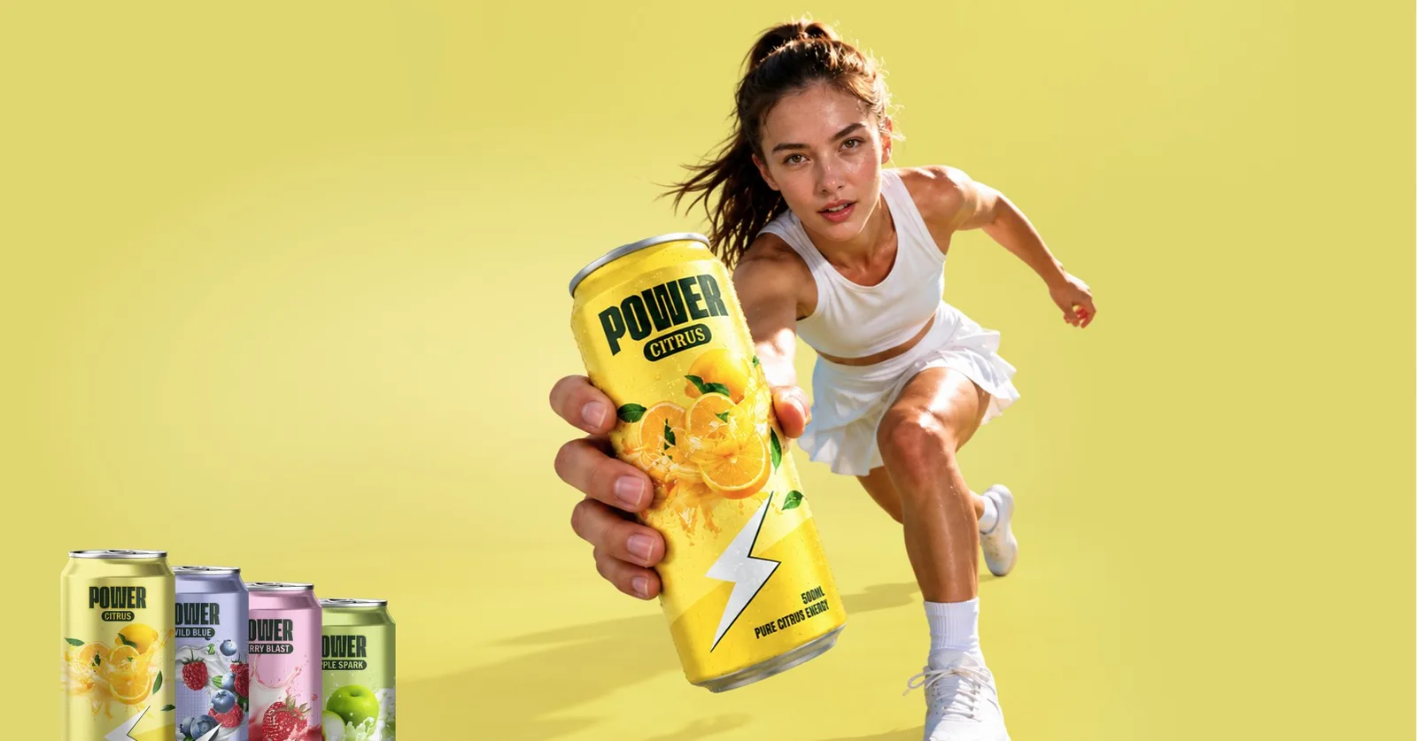 A runner holding out a can of citrus energy drink