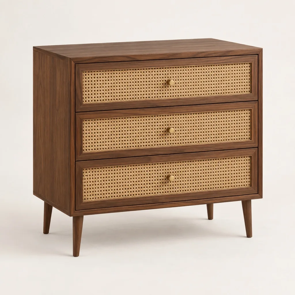 Tressage three-drawer dresser in walnut and cane
