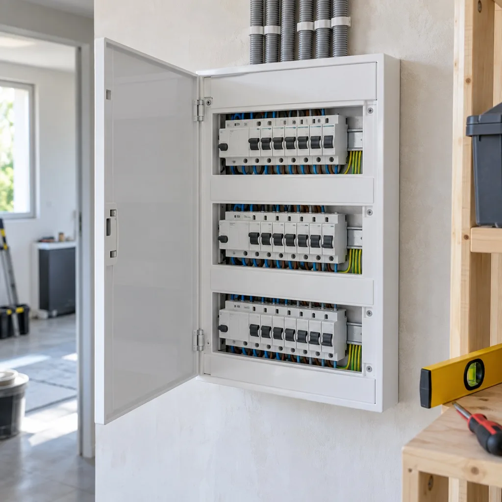 Pre-wired consumer unit, three rows, for a three-bedroom home