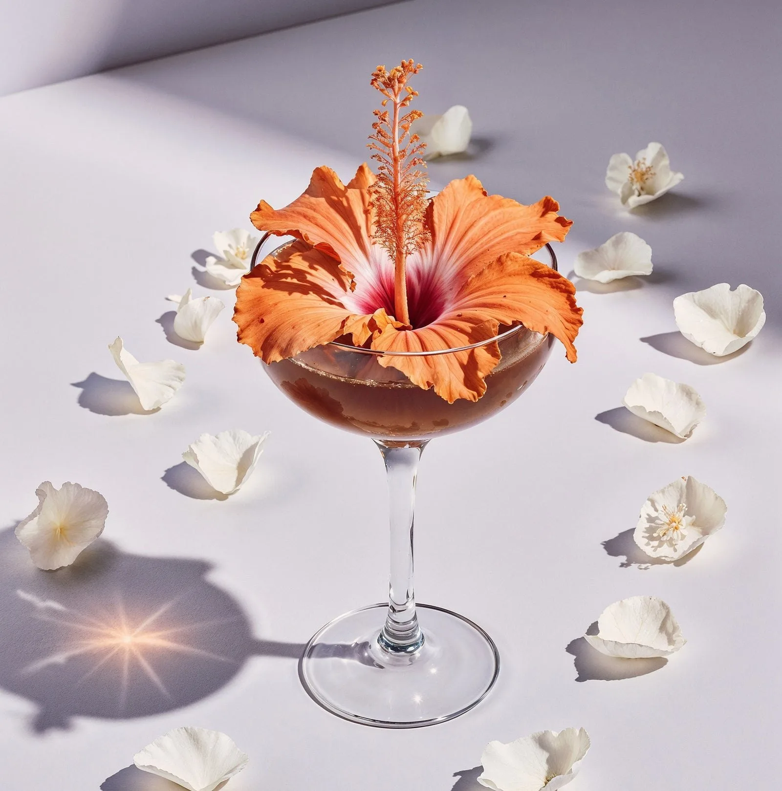 A hibiscus flower in a glass