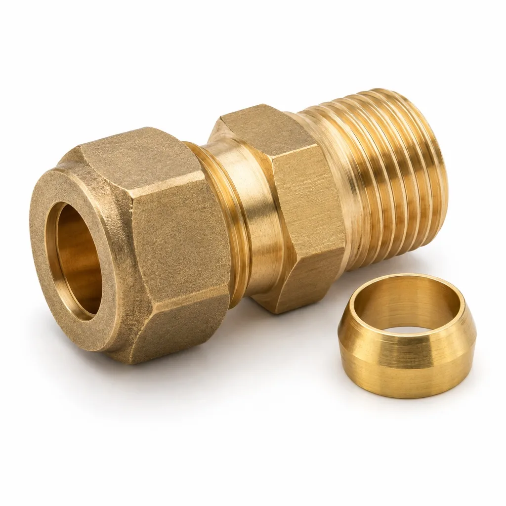 Brass compression fitting, 12 mm to 1/2 inch, straight