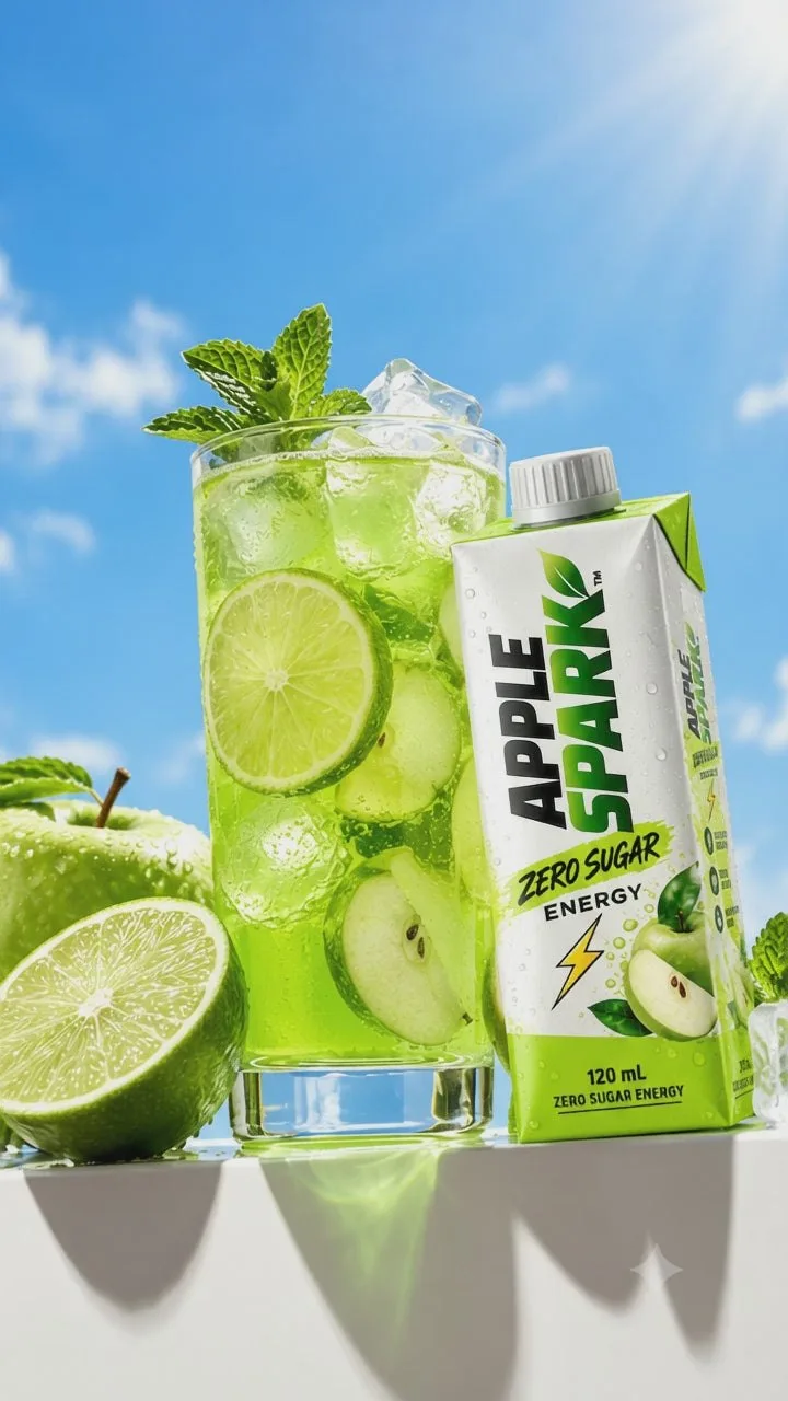 A glass of apple drink with ice and mint