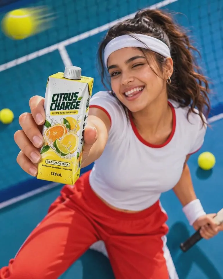 A tennis player with a carton of citrus drink