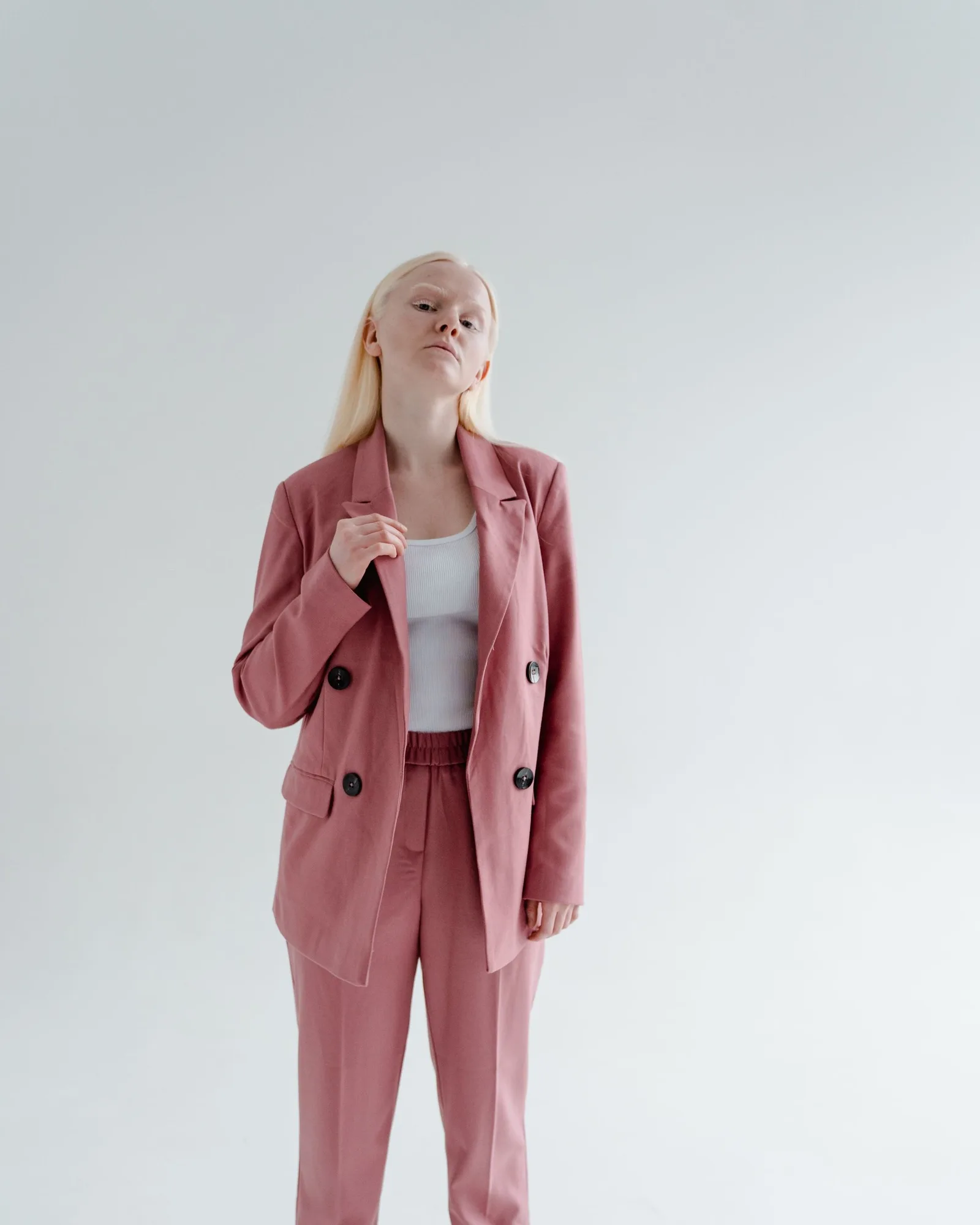 Our model in the rose suit