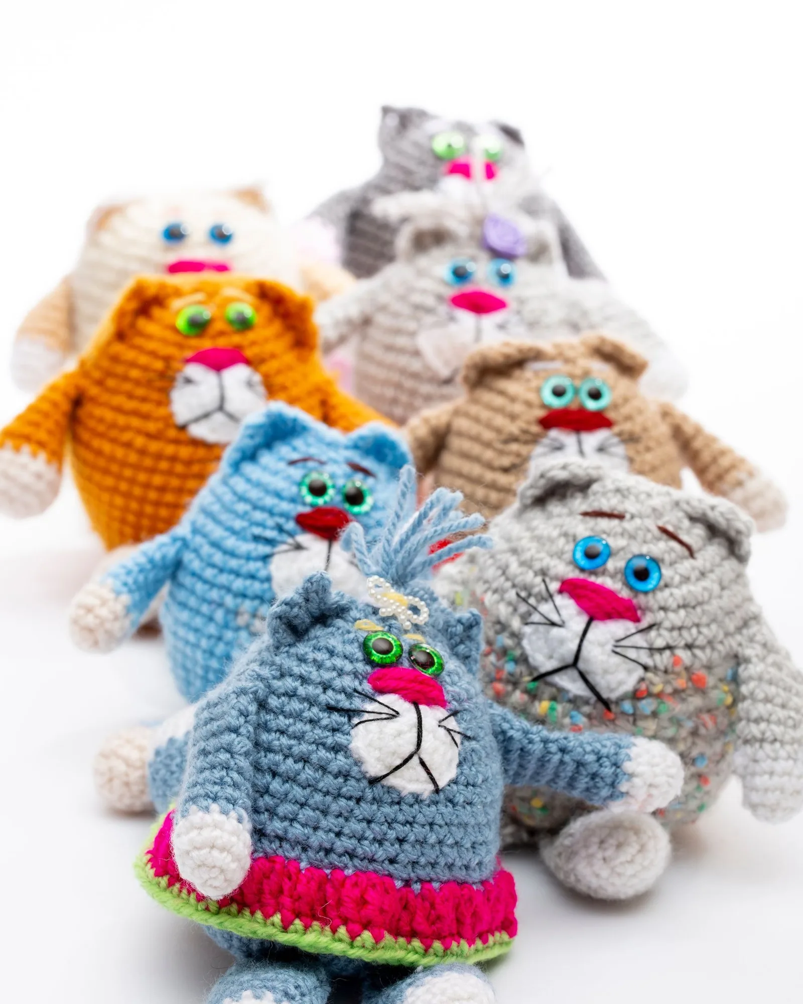 Crochet cat toys in a row