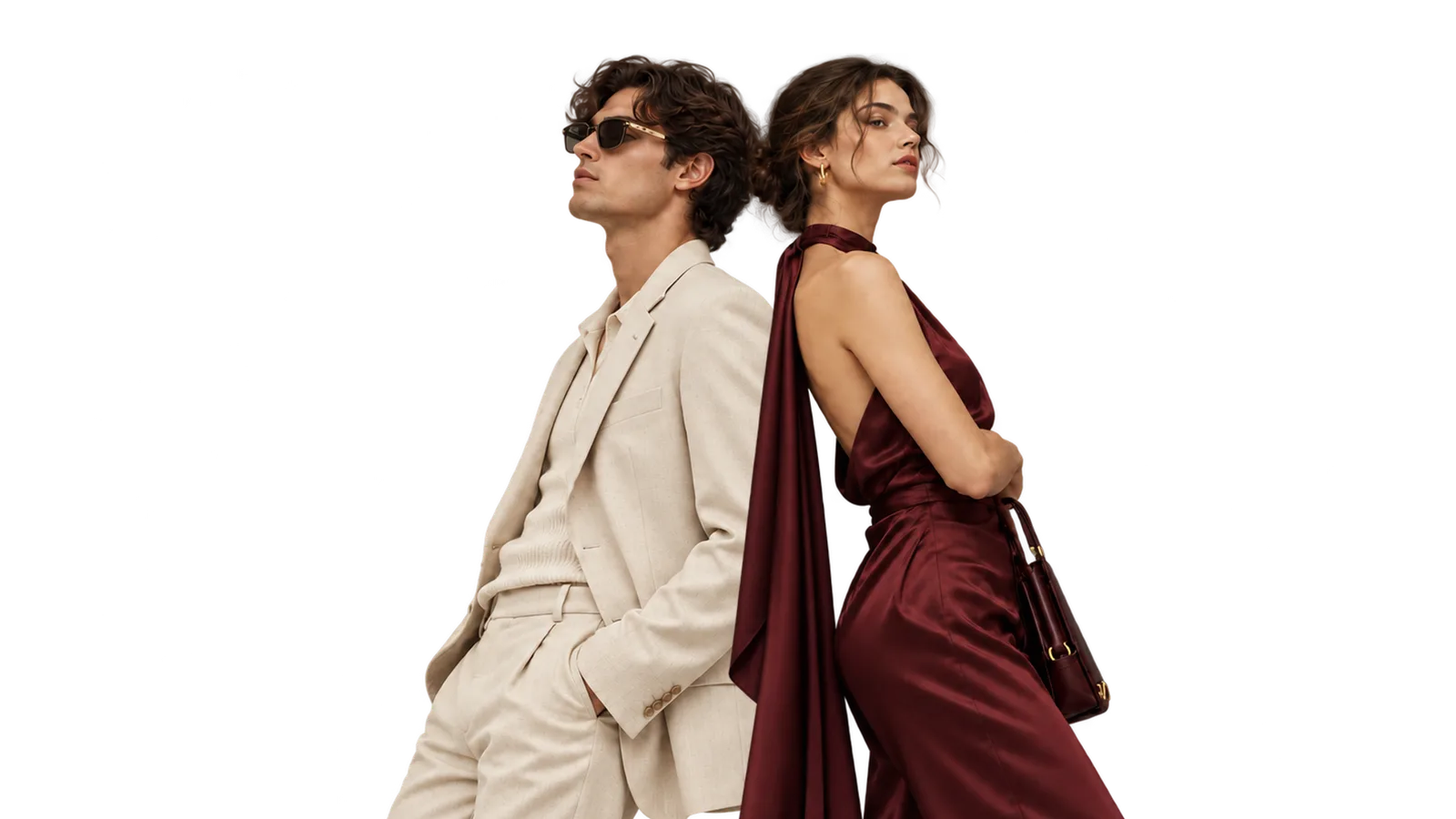 Two models in ivory tailoring and a wine silk dress