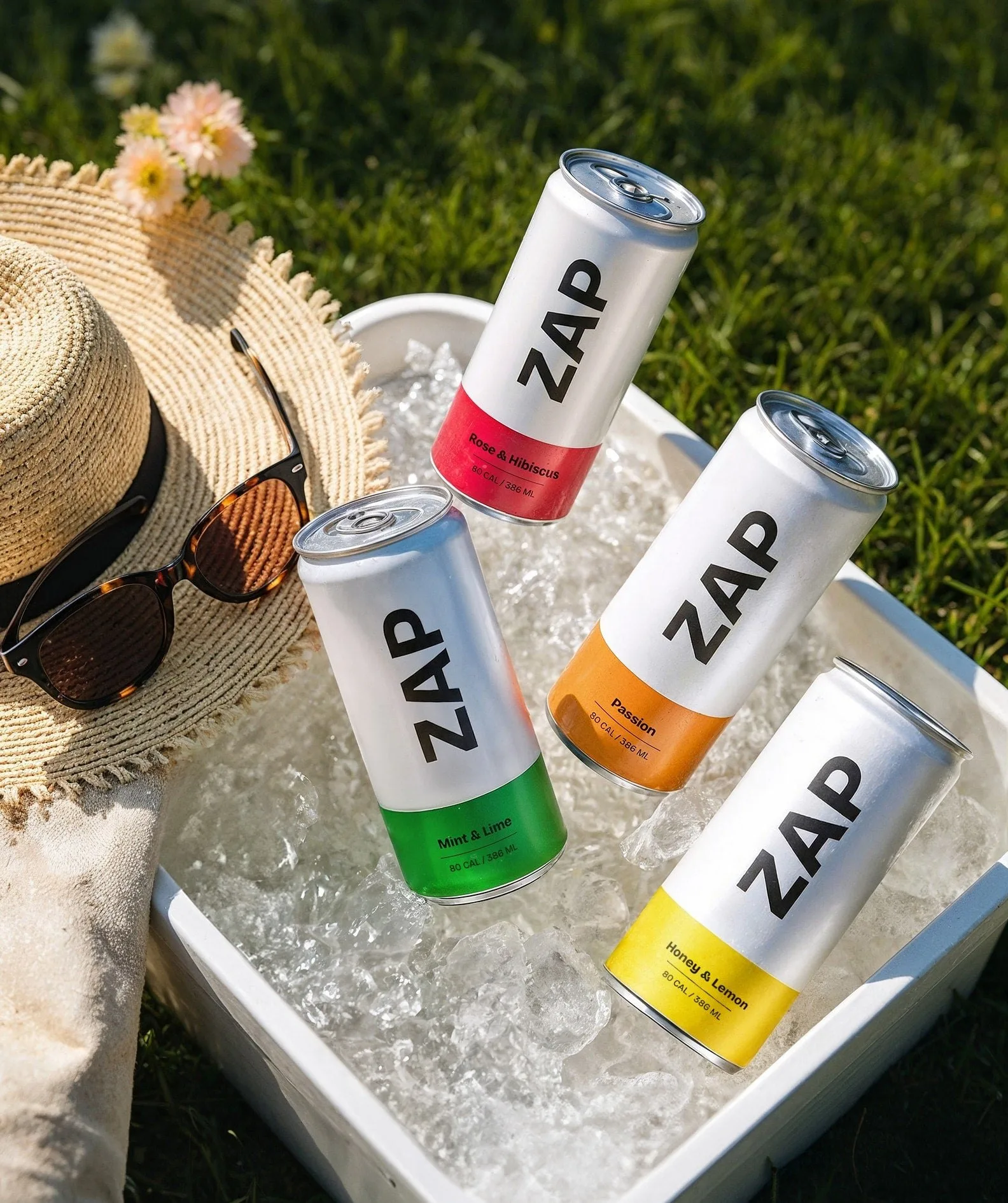 Cans on ice in a cooler on the grass