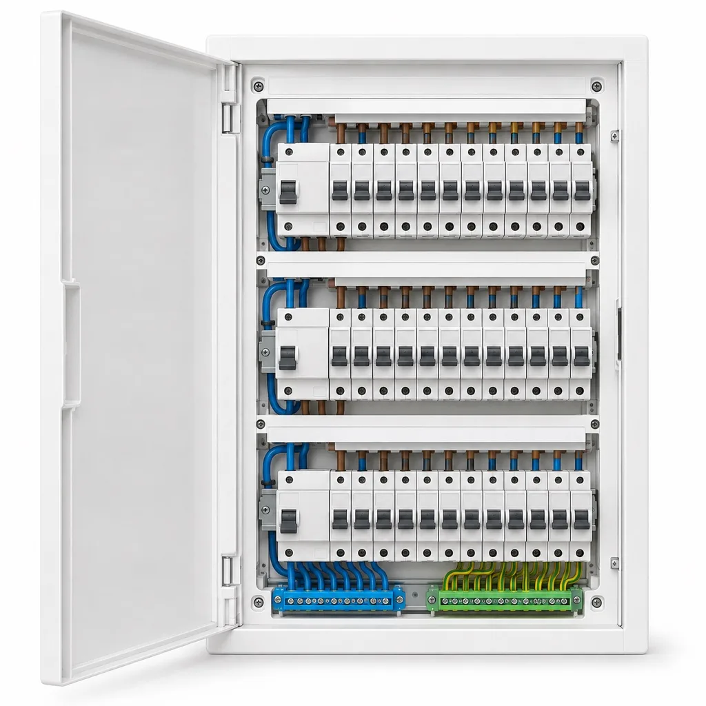 Pre-wired consumer unit, three rows, for a three-bedroom home