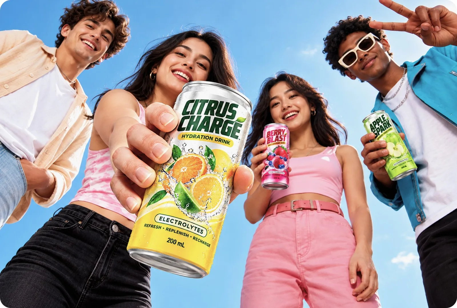 Friends holding up cans of every flavour