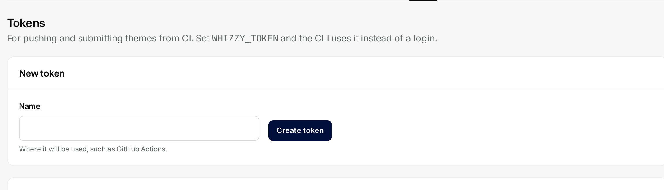 La schermata Token nell'area sviluppatori, dove si crea un token di CI