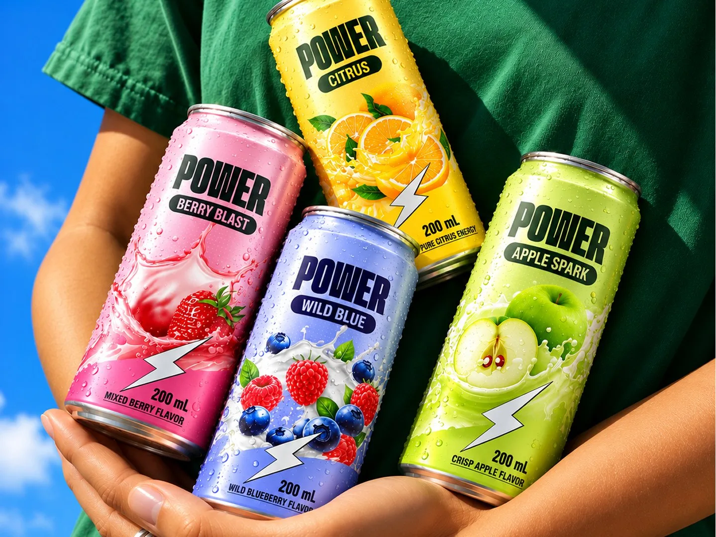 Hands holding cans in four flavours