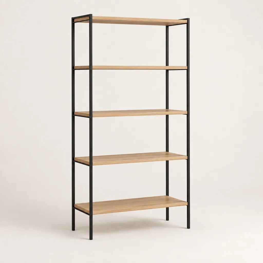 Calanque bookcase in metal and oak, five shelves