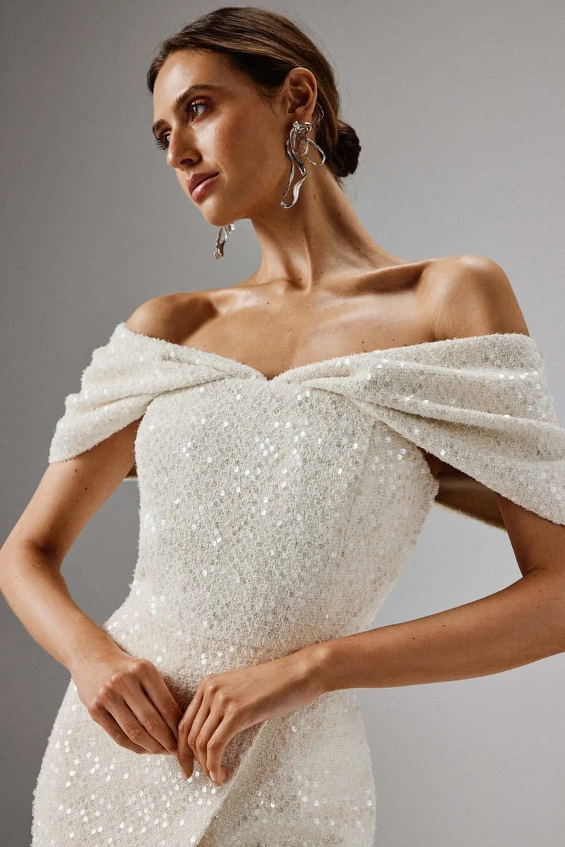 Draped Bardot Sequin Bouclé Midi Dress